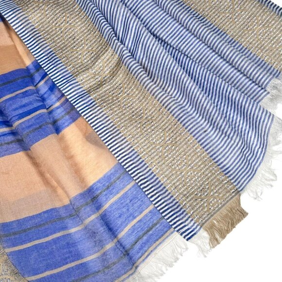 NWT Saachi Large Scarf Silk Blend Tan Blue Brocade Stripes Fringe Boho Lagenlook - Picture 7 of 12